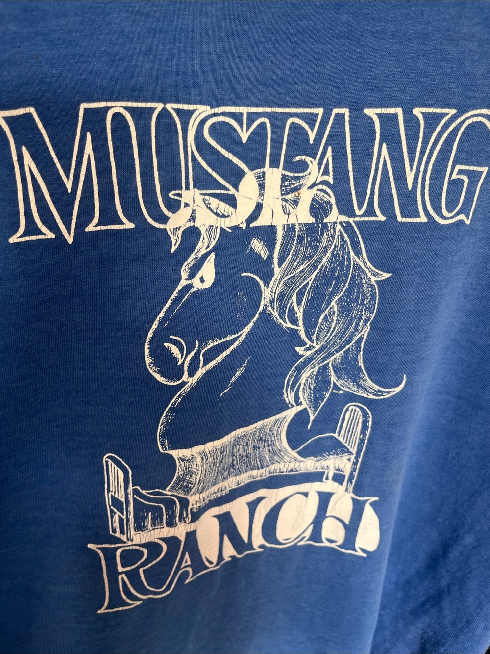 *RARE* Vintage 1980s Mustang Ranch Brothel Graphic Tee - Blue White XL - Picture 6 of 9